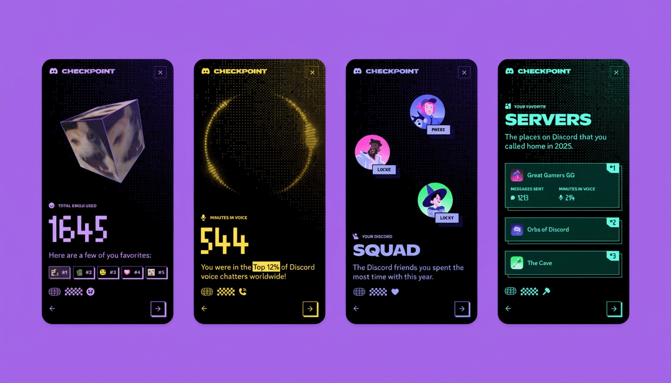 A 16:9 aspect ratio image showcasing four Discord Checkpoint screens. The first screen displays TOTAL EMOJI USED 1645 with a rotating cube showing a dogs face. The second screen shows MINUTES IN VOICE 544 with a yellow sound wave graphic. The third screen features YOUR DISCORD SQUAD with three profile pictures labeled PHEBE, LOCKE, and LUCKY. The fourth screen lists YOUR FAVORITE SERVERS with Great Gamers GG, Orbs of Discord, and The Cave.