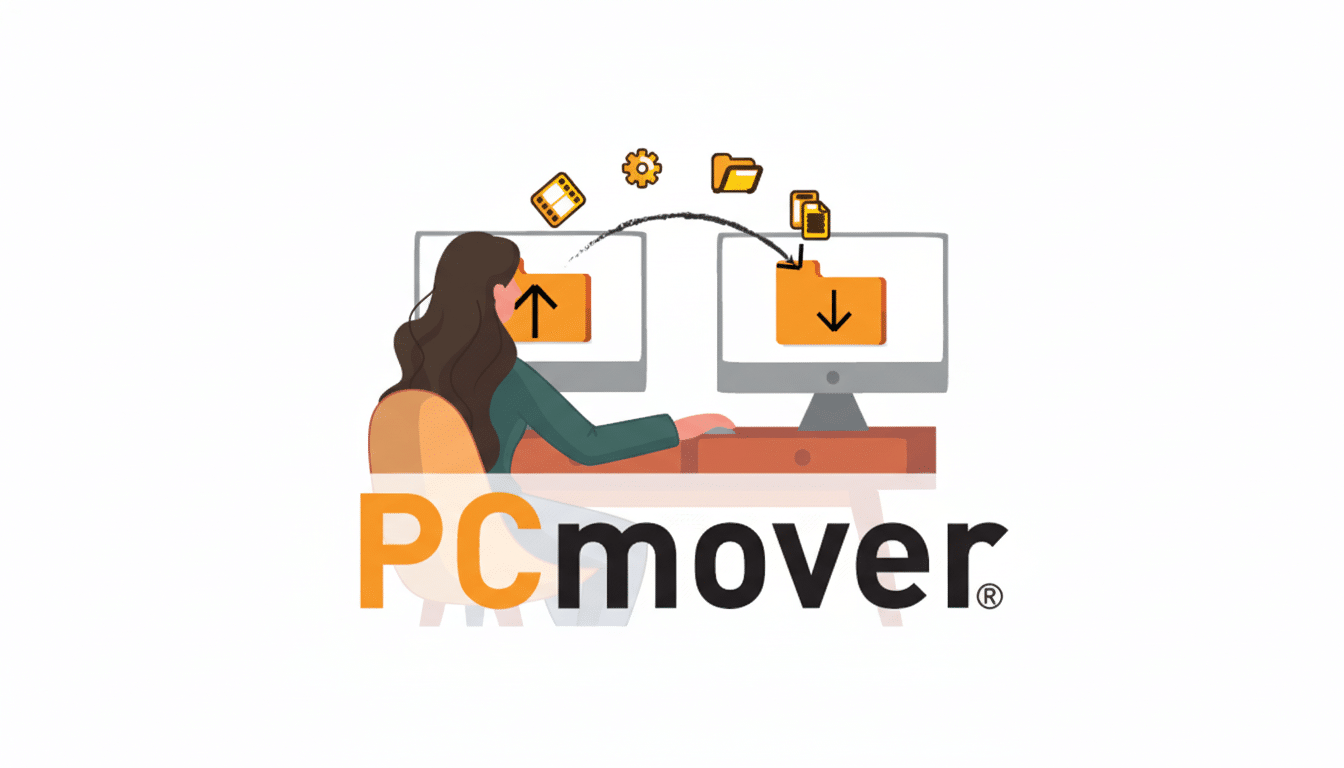 A woman sitting at a desk, transferring files between two computers, with the PCmover logo prominently displayed below.