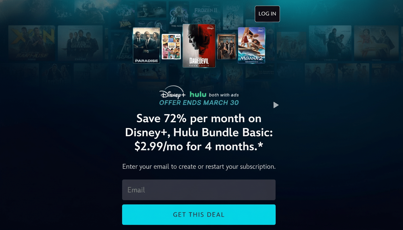 A resized and enhanced screenshot of the Disney+, Hulu, and ESPN+ bundle offer page, showing a promotional deal for $2.99/month for 4 months, with a background of various movie and show titles.
