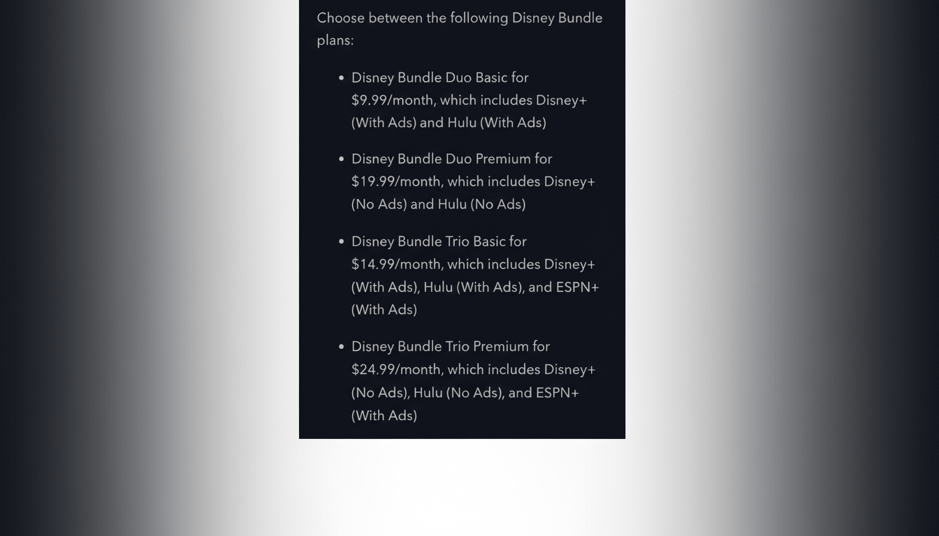 A screenshot of Disney Bundle plans, resized to a 16:9 aspect ratio with a professional flat design background.