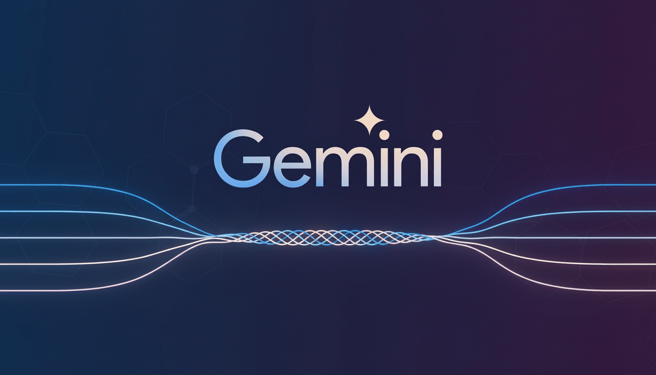 The Gemini logo, featuring the word Gemini in a light blue gradient with a sparkling star replacing the dot over the i, is centered on a dark blue background with subtle hexagonal patterns and soft purple and blue gradients. Wavy lines in light blue, white, and pink extend from the sides, converging into an intertwined pattern below the logo.