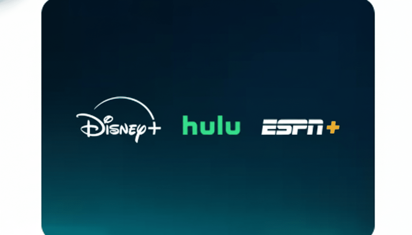 The Disney+, Hulu, and ESPN+ logos are displayed side-by-side on a dark teal background with a subtle gradient.