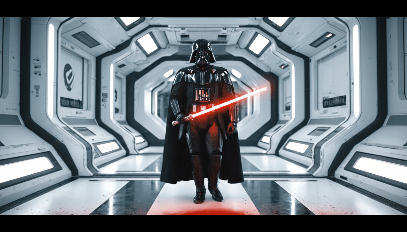Darth Vader stands in a futuristic white hallway, holding a red lightsaber.