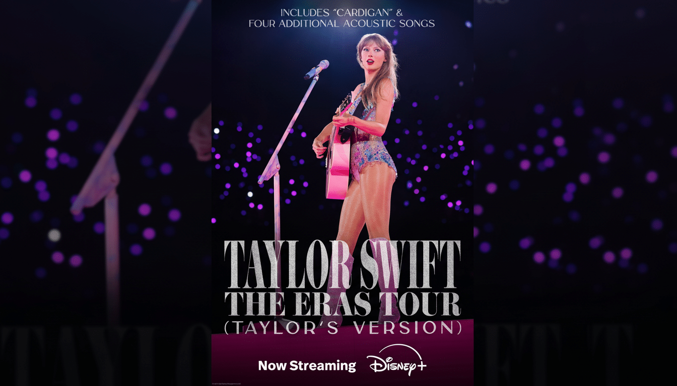 Taylor Swift performing on stage with a guitar, resized to a 16:9 aspect ratio.