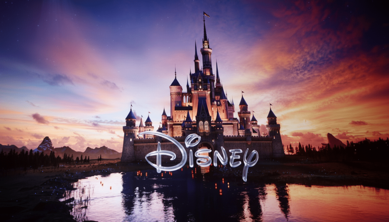 The Disney castle at sunset, with the Disney logo in the foreground reflecting in the water.