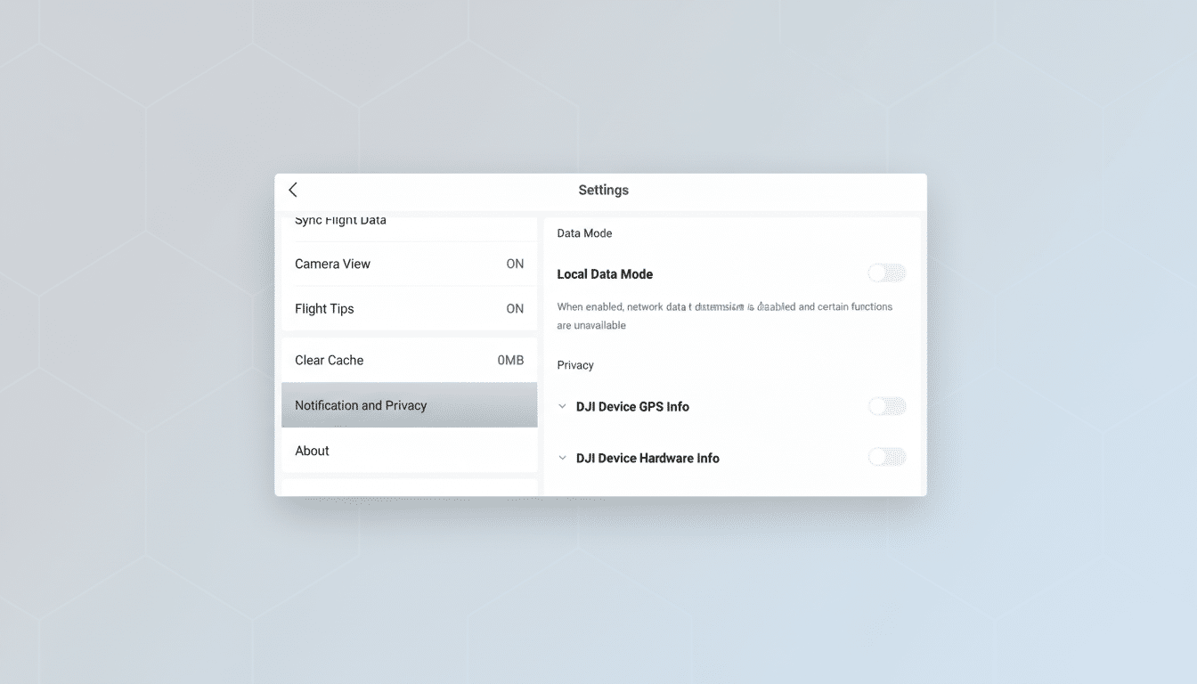 A screenshot of a settings menu with Notification and Privacy highlighted, presented on a professional flat design background with soft patterns.