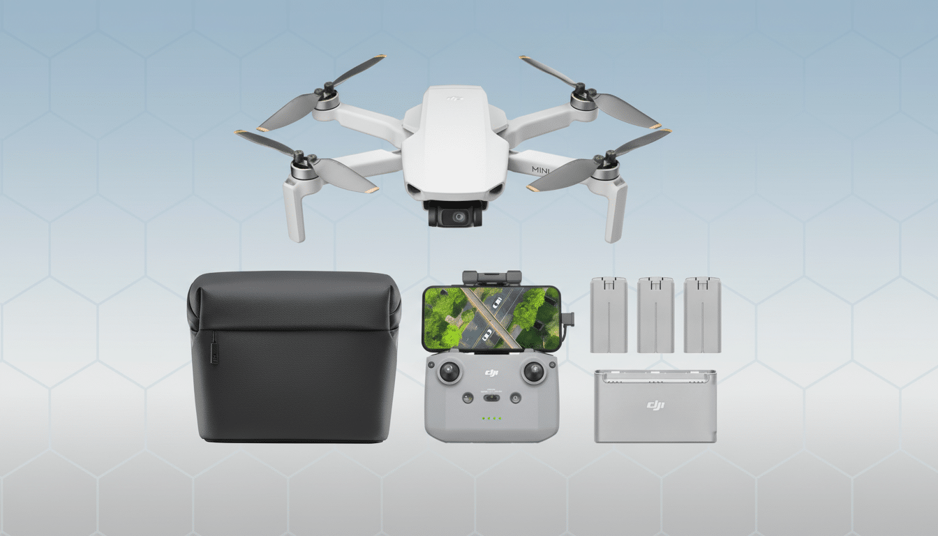 A professional 16:9 aspect ratio image featuring a white DJI Mini drone, a black carrying case, a remote controller with a smartphone displaying a road, three drone batteries, and a battery charging hub, all against a soft blue gradient background with subtle hexagonal patterns.
