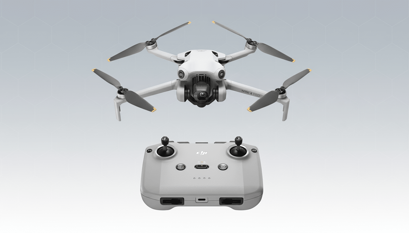 A DJI Mini 4 Pro drone and its remote controller are presented on a professional flat design background with soft patterns and gradients.