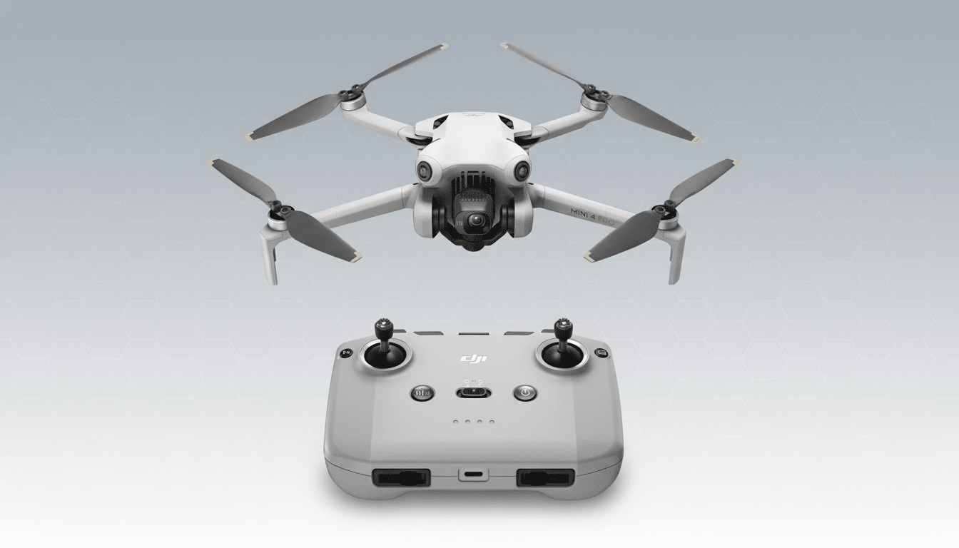 A white DJI Mini 4 Pro drone with its remote controller, presented on a professional flat design background with soft patterns and gradients.