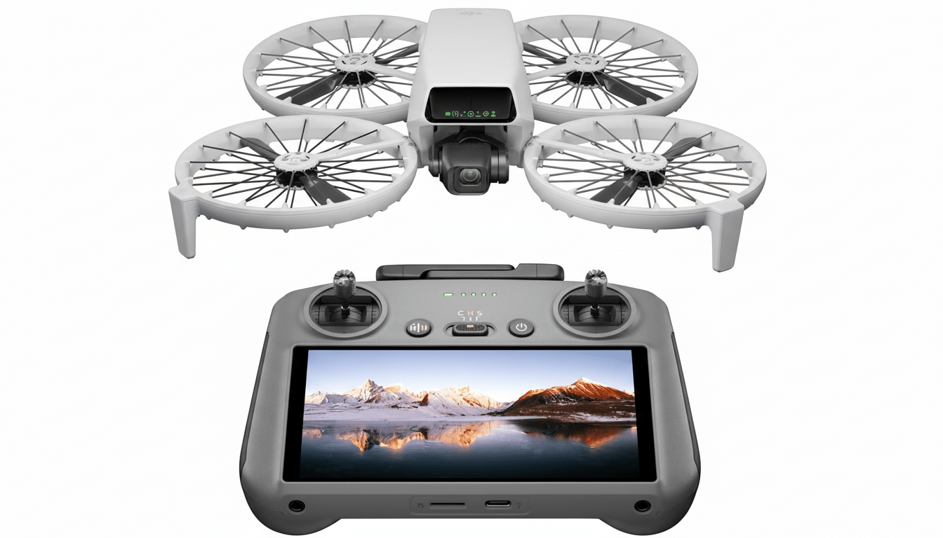 A white drone with four propellers and a gray remote control with a screen displaying a snowy mountain landscape.