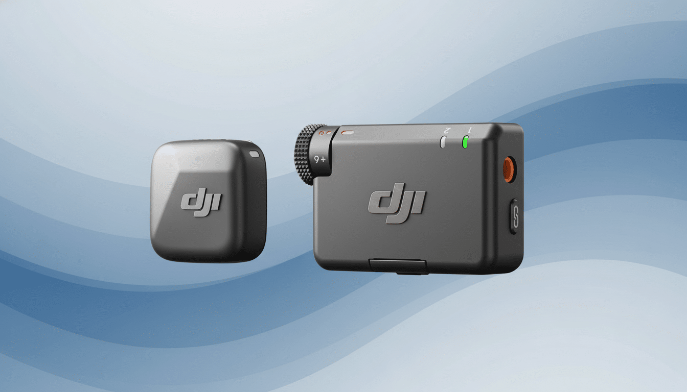 A DJI wireless microphone system, consisting of a small, square transmitter and a larger receiver unit, presented on a professional blue gradient background with soft wave patterns.