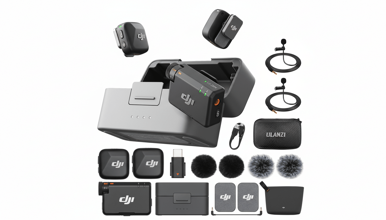 A professional flat design background with soft patterns and gradients, showcasing the DJI Mic 2 wireless microphone system and its accessories, including transmitters, receiver, charging case, lavalier microphones, wind muffs, and carrying pouches.