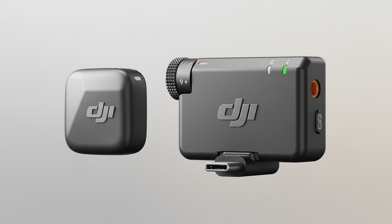 A DJI wireless microphone system, consisting of a small, square transmitter and a slightly larger receiver unit, both in dark gray with the DJI logo, presented on a professional flat gray background with a subtle gradient.