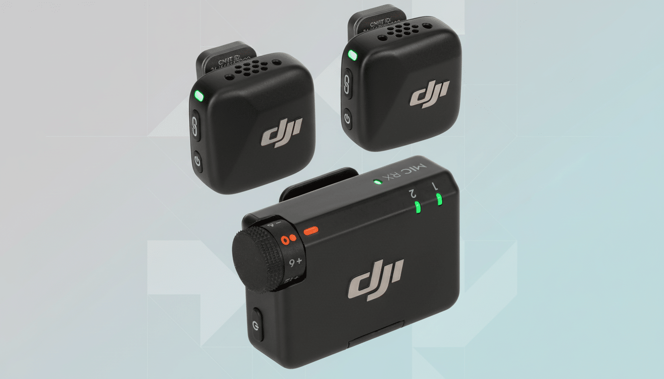 Three black DJI Mic 2 wireless microphone units are displayed against a professional flat design background with soft patterns and gradients. The units are arranged to show different angles, highlighting their compact size, controls, and indicator lights.