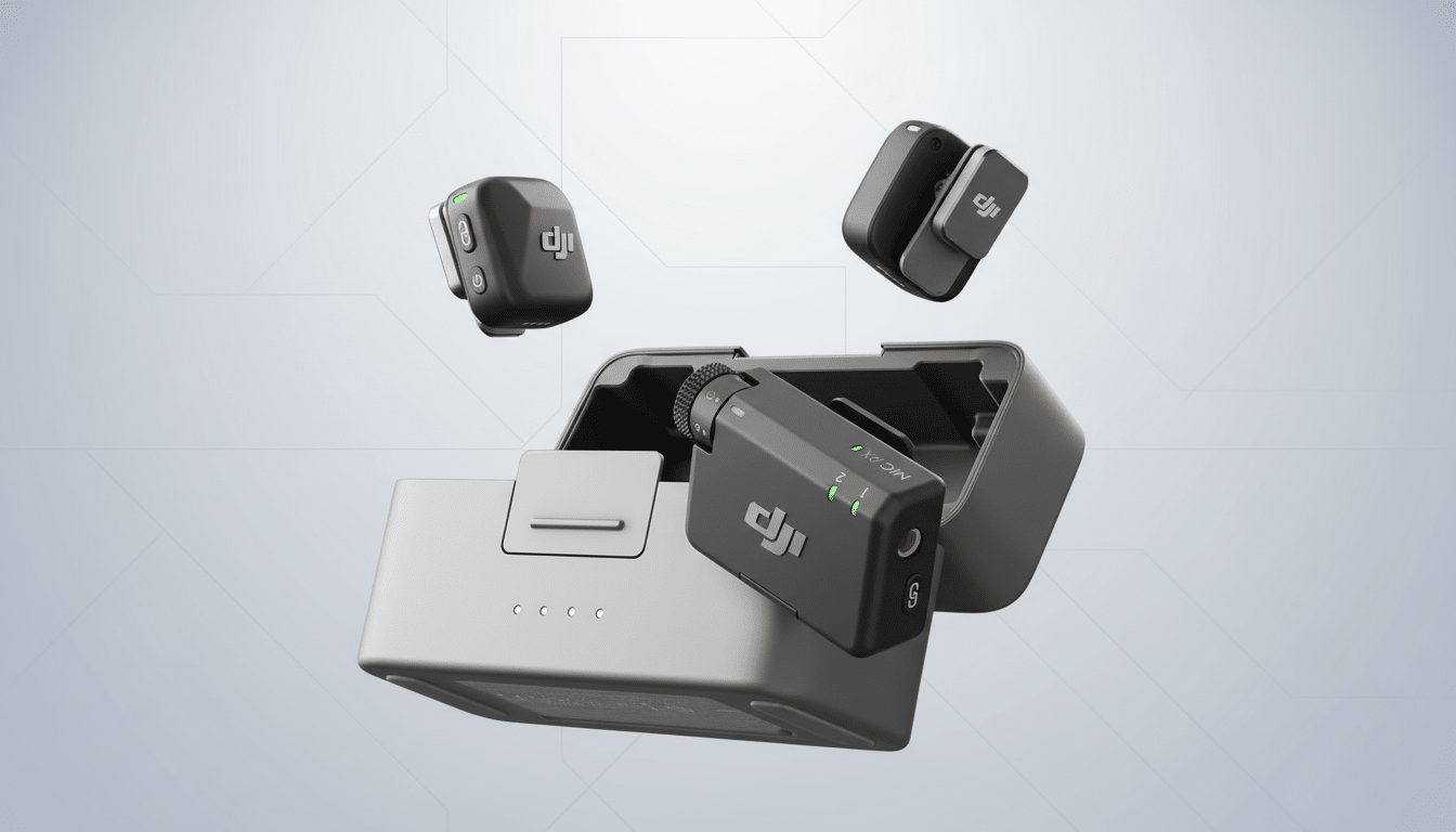 A professional 16:9 aspect ratio image of the DJI Mic wireless microphone system, featuring the charging case and two transmitters, presented on a clean, light gray background with subtle geometric patterns.