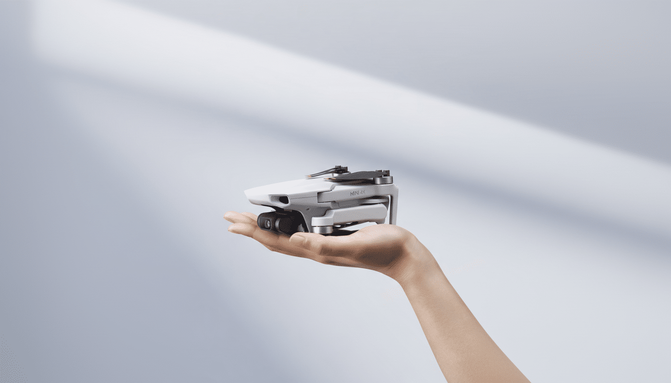 A hand holding a white DJI Mini 4K drone against a light gray background with soft shadows.
