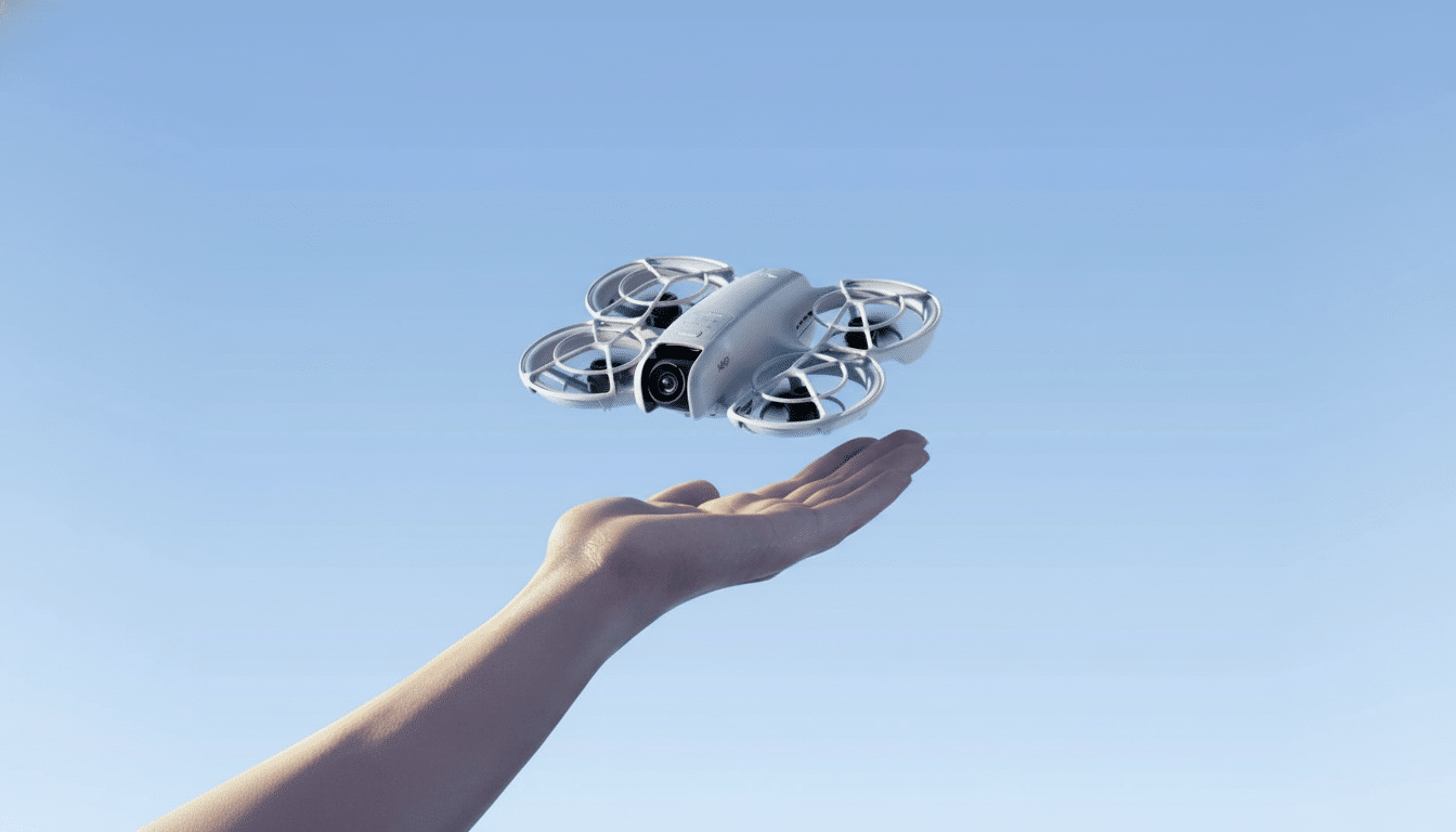 A white drone with four propellers hovering above an outstretched hand against a clear blue sky.