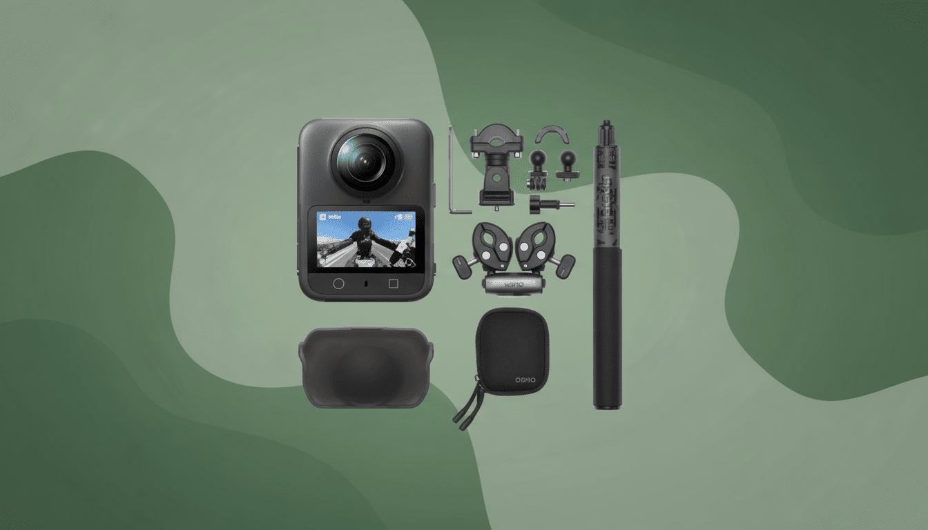 A 16:9 aspect ratio image of a black 360-degree action camera and its accessories, including mounts, a selfie stick, and a carrying case, laid out on a professional flat design background with soft green patterns.