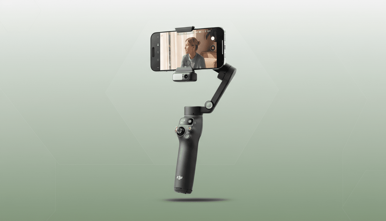 A DJI Osmo Mobile 6 smartphone gimbal with a phone attached, displaying a woman looking out a window, set against a professional flat design background with soft patterns and gradients.