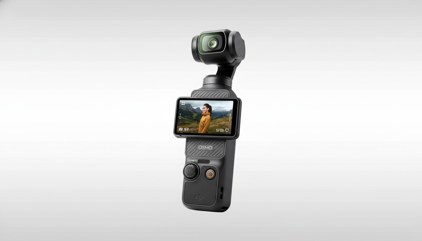 A DJI Osmo Pocket 3 camera with a screen displaying a woman in a yellow jacket standing in a mountainous landscape, set against a professional 16:9 aspect ratio background with a subtle gradient.