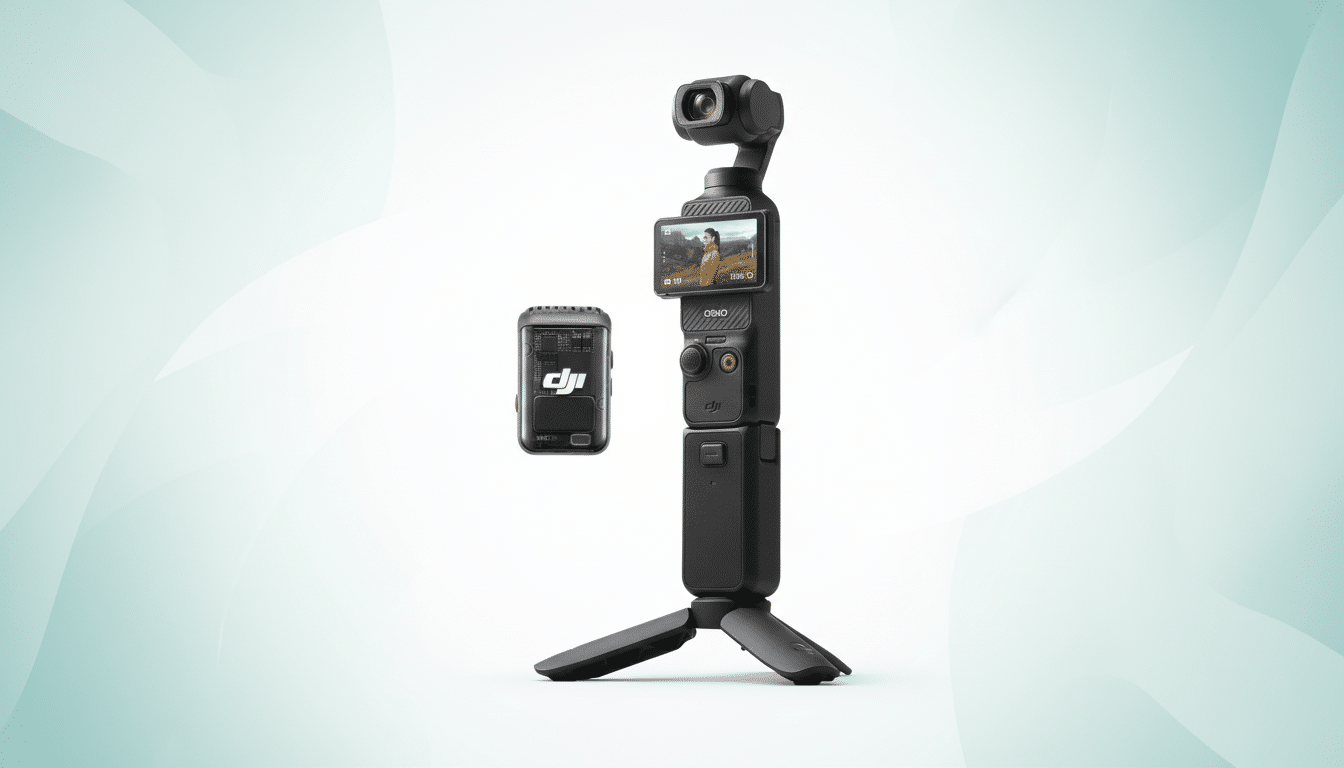 A DJI Osmo Pocket 3 camera with a tripod base and a DJI Mic 2 transmitter, presented on a professional light blue and white gradient background.