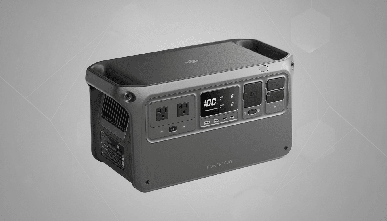 A professional, enhanced image of a DJI Power 1000 portable power station, presented on a clean, soft gray background with subtle geometric patterns, resized to a 16:9 aspect ratio.