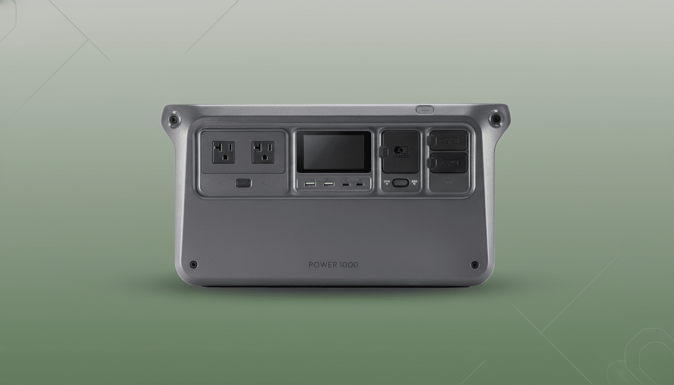 A gray portable power station with multiple outlets and ports, set against a professional green background with subtle geometric patterns.