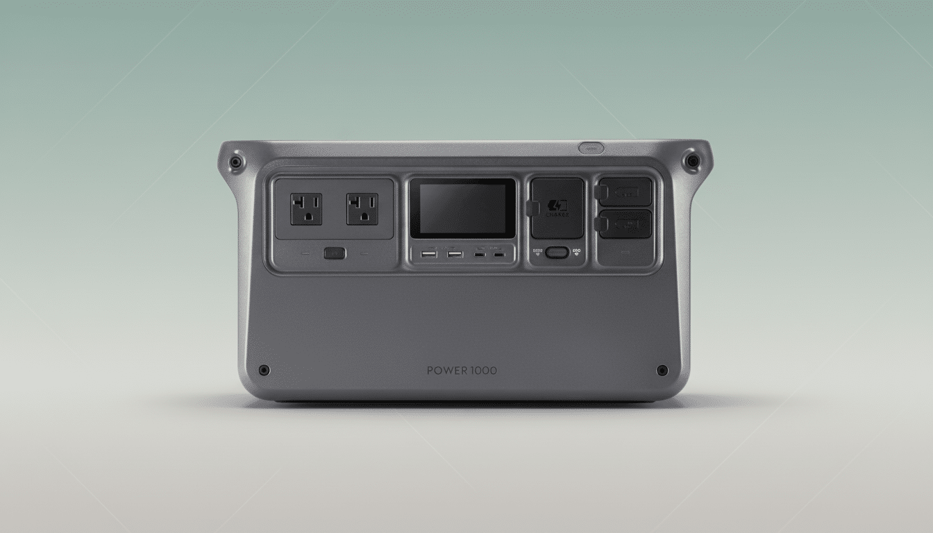 A gray portable power station with multiple outlets and ports, including AC, USB, and DC, displayed against a soft gradient background.