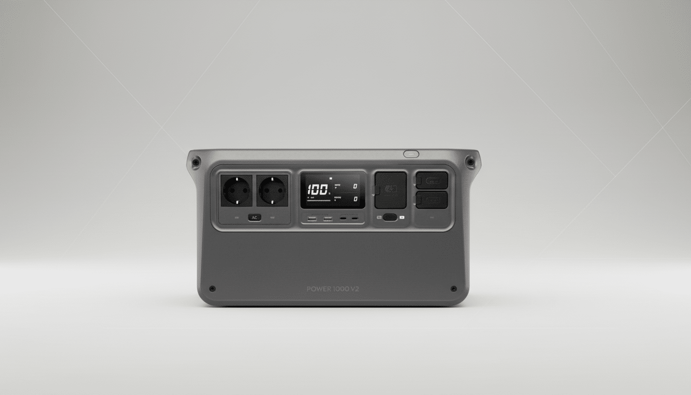 A gray portable power station with a digital display showing 100% charge, two AC outlets, and multiple USB and SD card ports, set against a clean, light gray background with subtle geometric patterns.