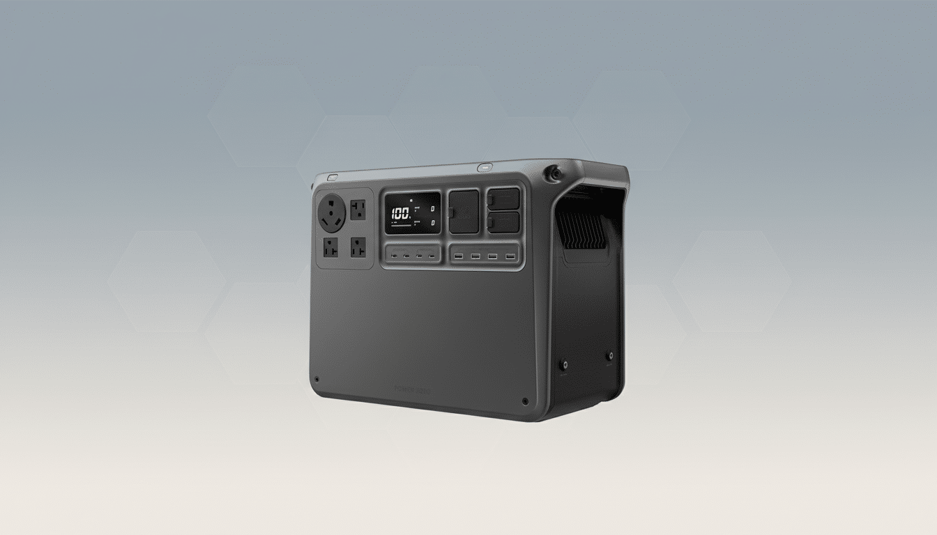 A professional image of a dark gray portable power station with multiple outlets and a digital display, set against a subtle gradient background with soft hexagonal patterns.