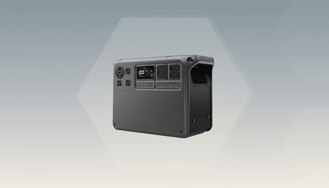 A professional image of a gray portable power station with multiple outlets and a digital display, set against a subtle gray gradient background with soft geometric patterns.