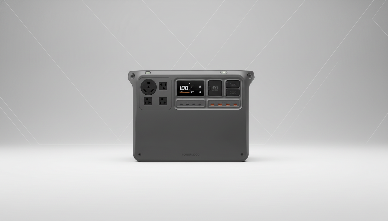 A gray portable power station with multiple outlets and a digital display showing 100% charge, set against a professional light gray background with subtle geometric patterns.