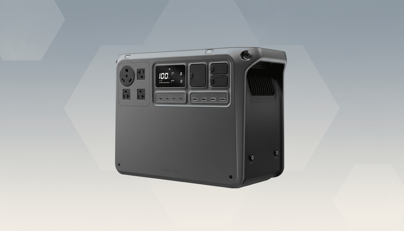 A professional, enhanced image of a dark gray portable power station with multiple outlets and a digital display, set against a soft, patterned gradient background.
