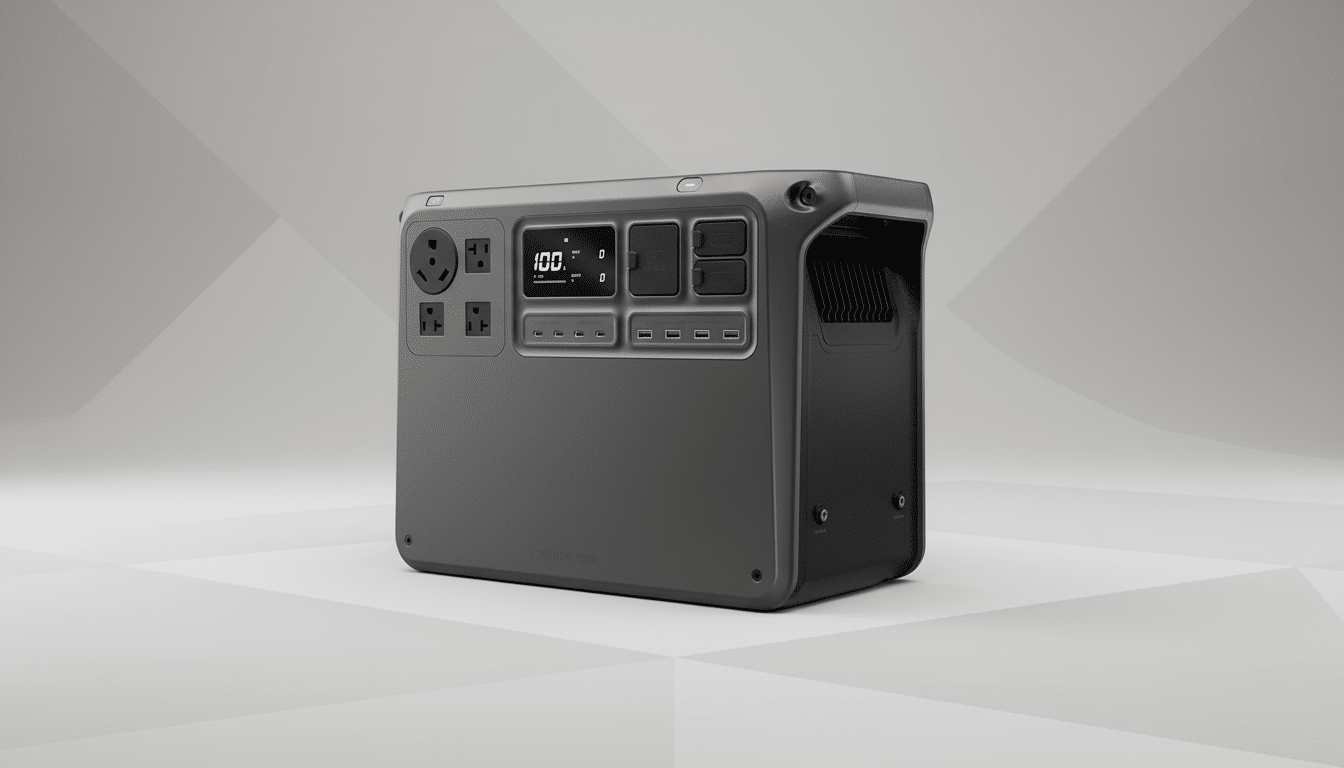 A professional, enhanced image of a gray portable power station with multiple outlets and a digital display, set against a clean, light gray background with subtle geometric patterns.