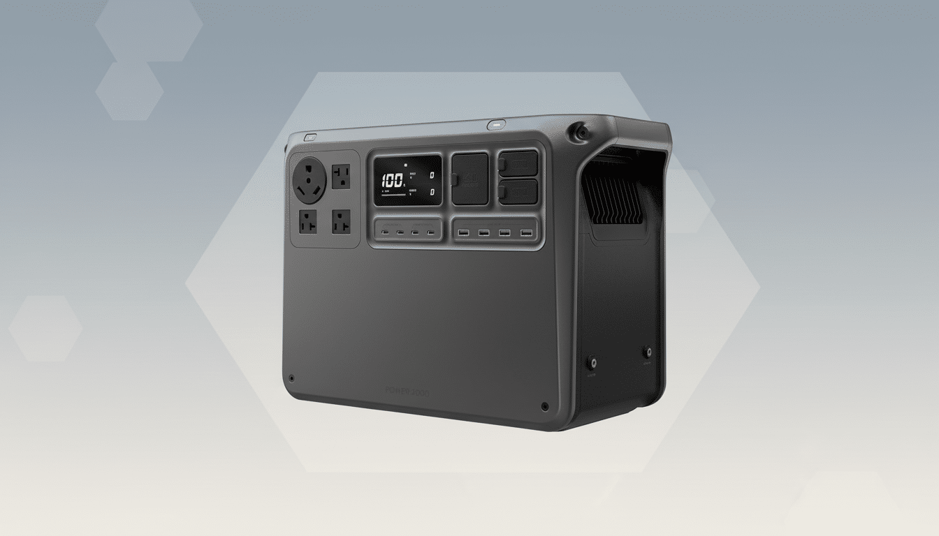 A professional, enhanced image of a gray portable power station with a 16:9 aspect ratio, set against a soft gradient background with subtle hexagonal patterns.