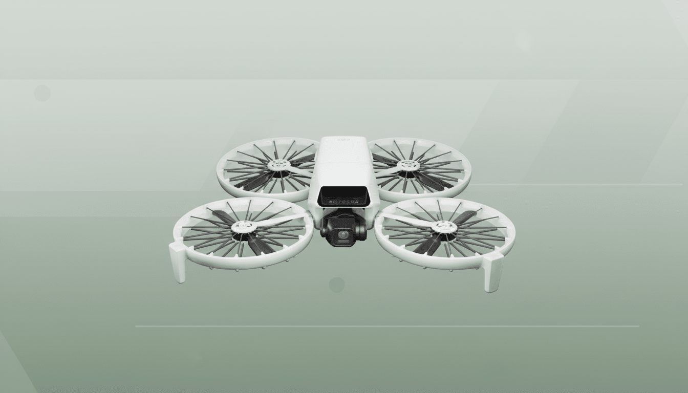 A white drone with four propellers and a camera, presented on a professional flat design background with soft patterns and gradients.
