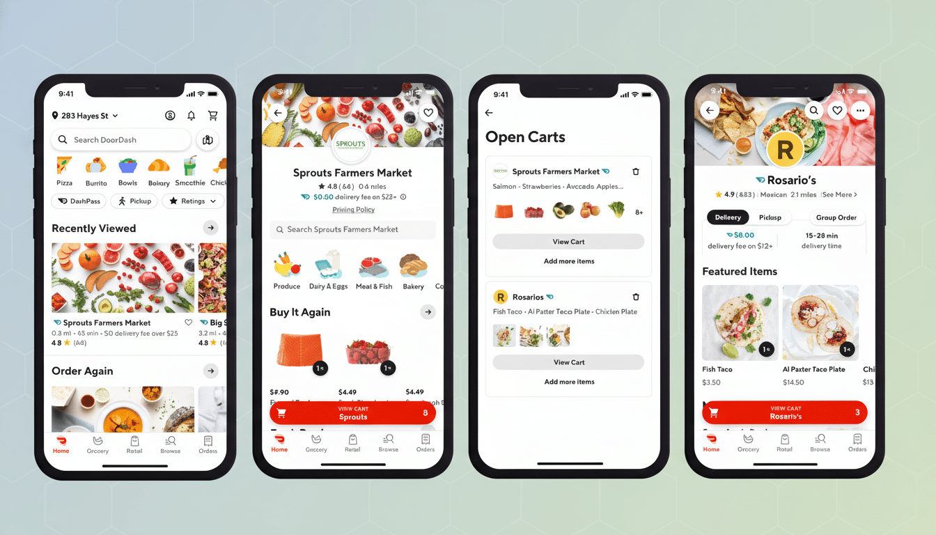 A 16:9 aspect ratio image showing four mobile phone screens displaying the DoorDash app interface. The screens show different stages of food ordering, including browsing stores, viewing product details, and managing open carts.