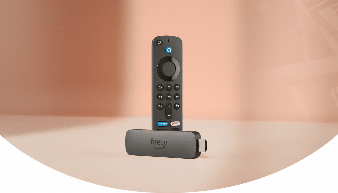A Fire TV Stick and its remote control are displayed on a light peach background with subtle geometric patterns.