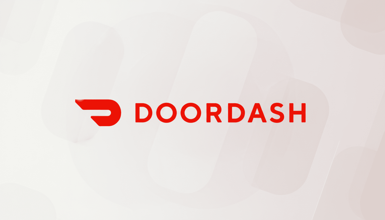 The DoorDash logo, featuring a red stylized dash icon and the word DOORDASH in red text, presented on a professional light gray background with subtle, soft white abstract patterns.