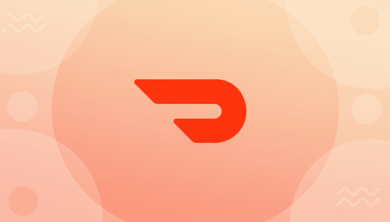 The DoorDash logo, a red stylized D resembling a wing, centered on a professional flat design background with soft orange and pink gradients and subtle abstract patterns.
