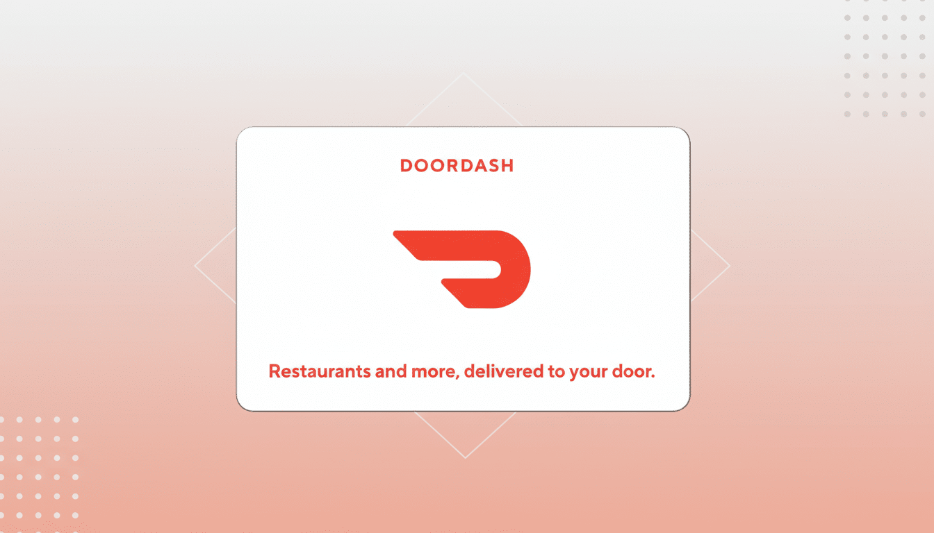 A DoorDash gift card with the text DOORDASH and Restaurants and more, delivered to your door. along with the DoorDash logo, presented on a professional flat design background with soft patterns and gradients.