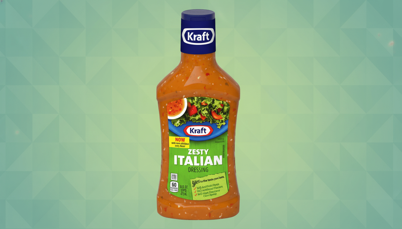 A bottle of Kraft Zesty Italian Dressing on a light green background with a subtle geometric pattern.
