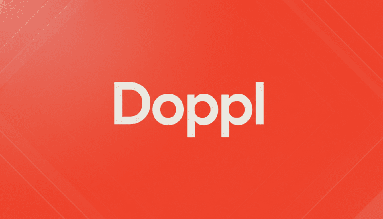 The word Doppl in a light beige font centered on a red background with subtle, darker red diagonal lines in the corners, presented in a 16:9 aspect ratio.