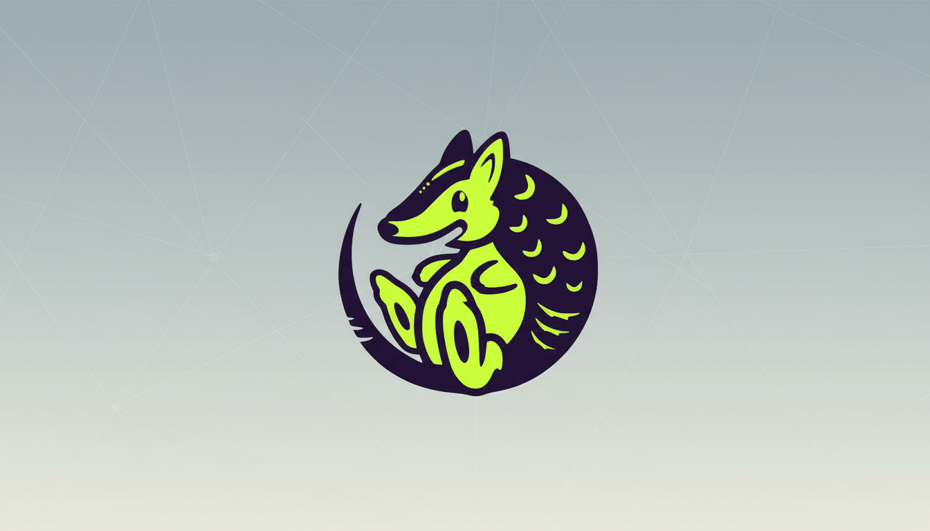 A neon green and dark purple armadillo logo on a professional gray background with subtle geometric patterns.