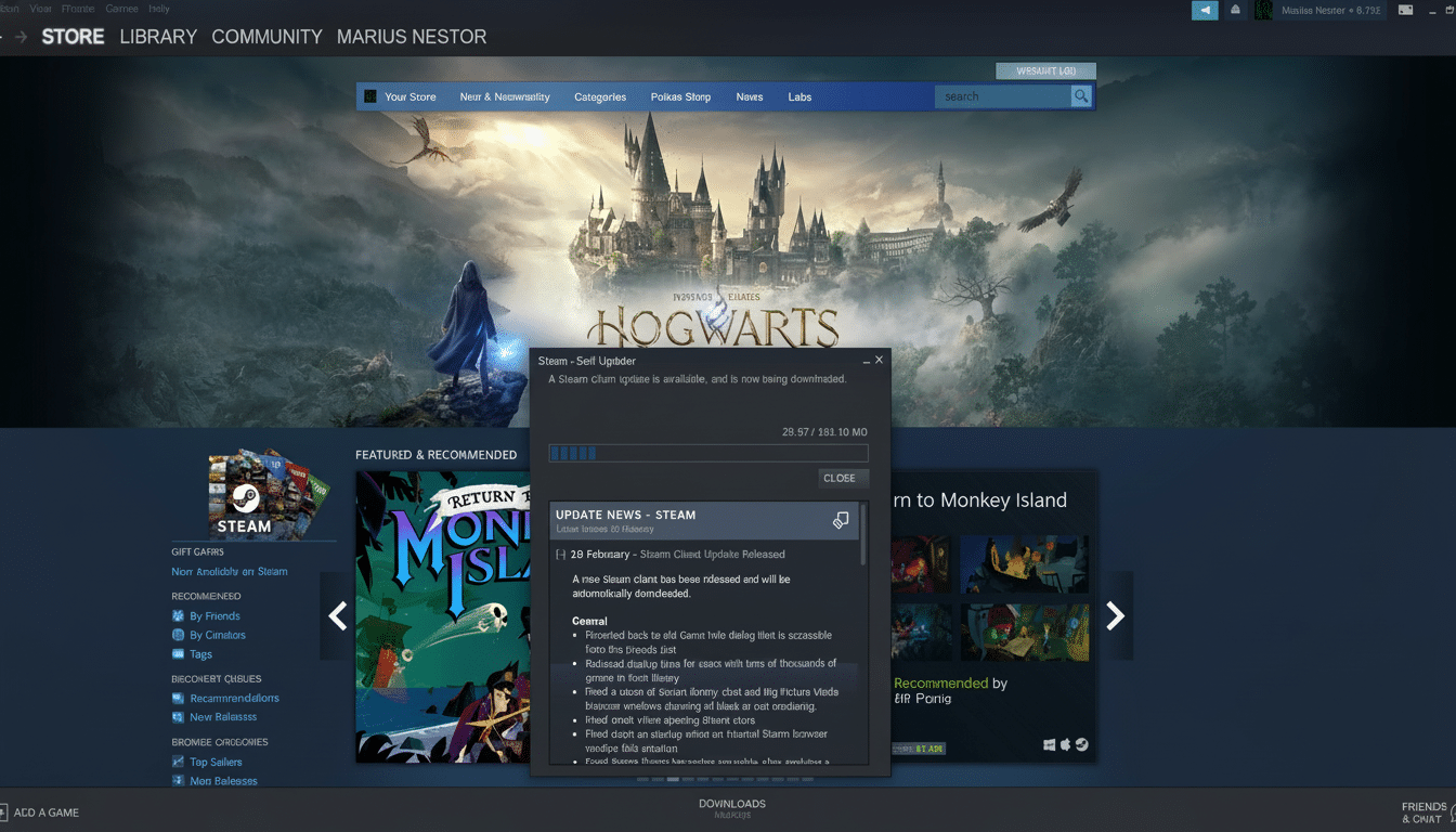 A screenshot of the Steam client updating, with the Hogwarts Legacy game featured in the background.