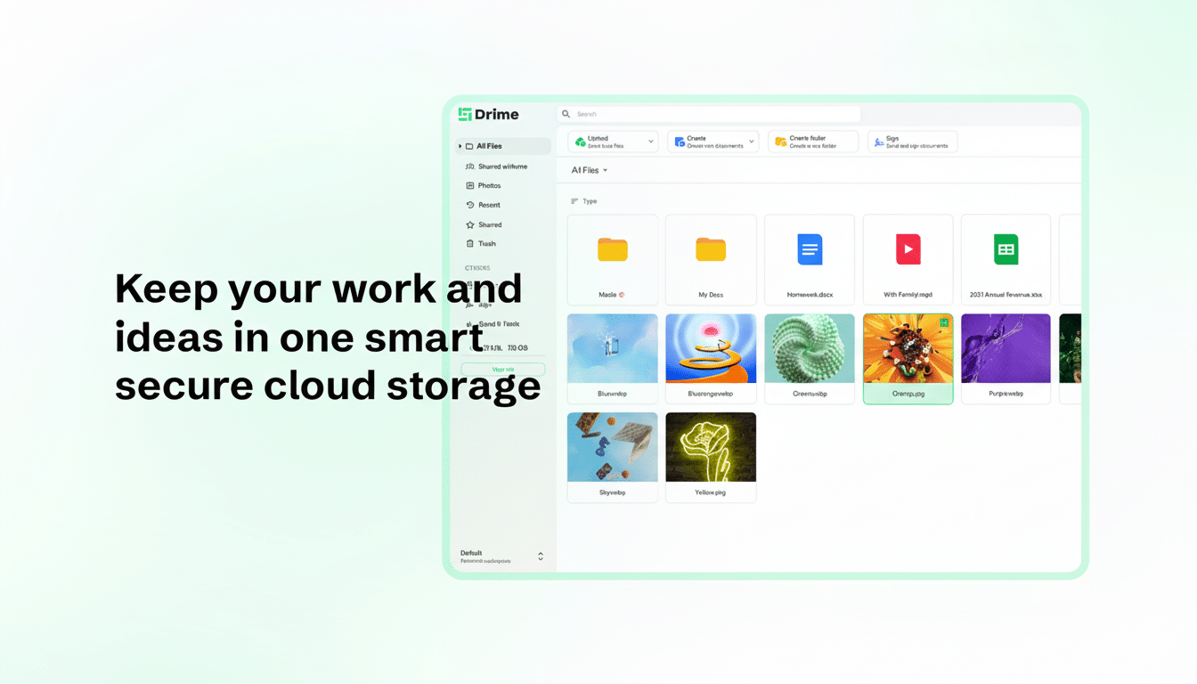 A screenshot of the Drime cloud storage interface, displaying various files and folders, with the text Keep your work and ideas in one smart secure cloud storage on the left side.