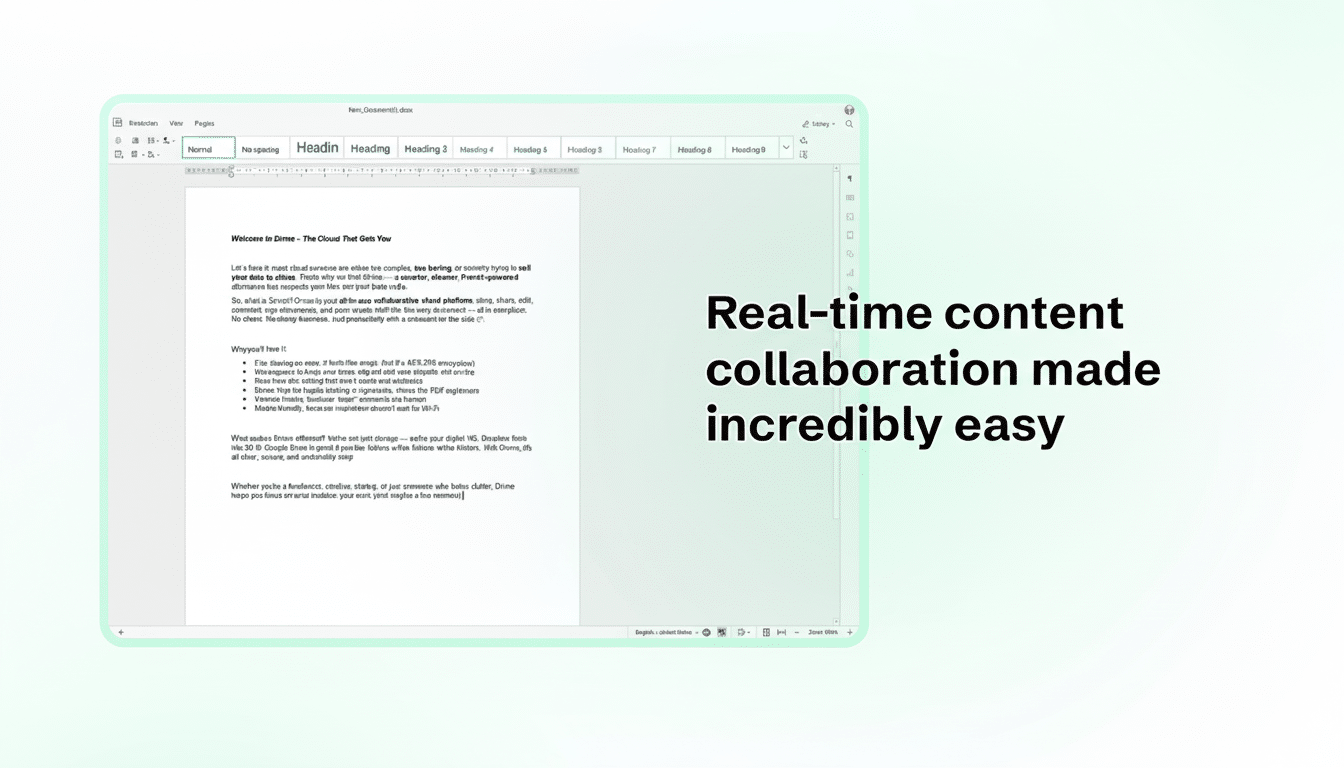 A screenshot of a document editing interface with the text Real-time content collaboration made incredibly easy on the right side.