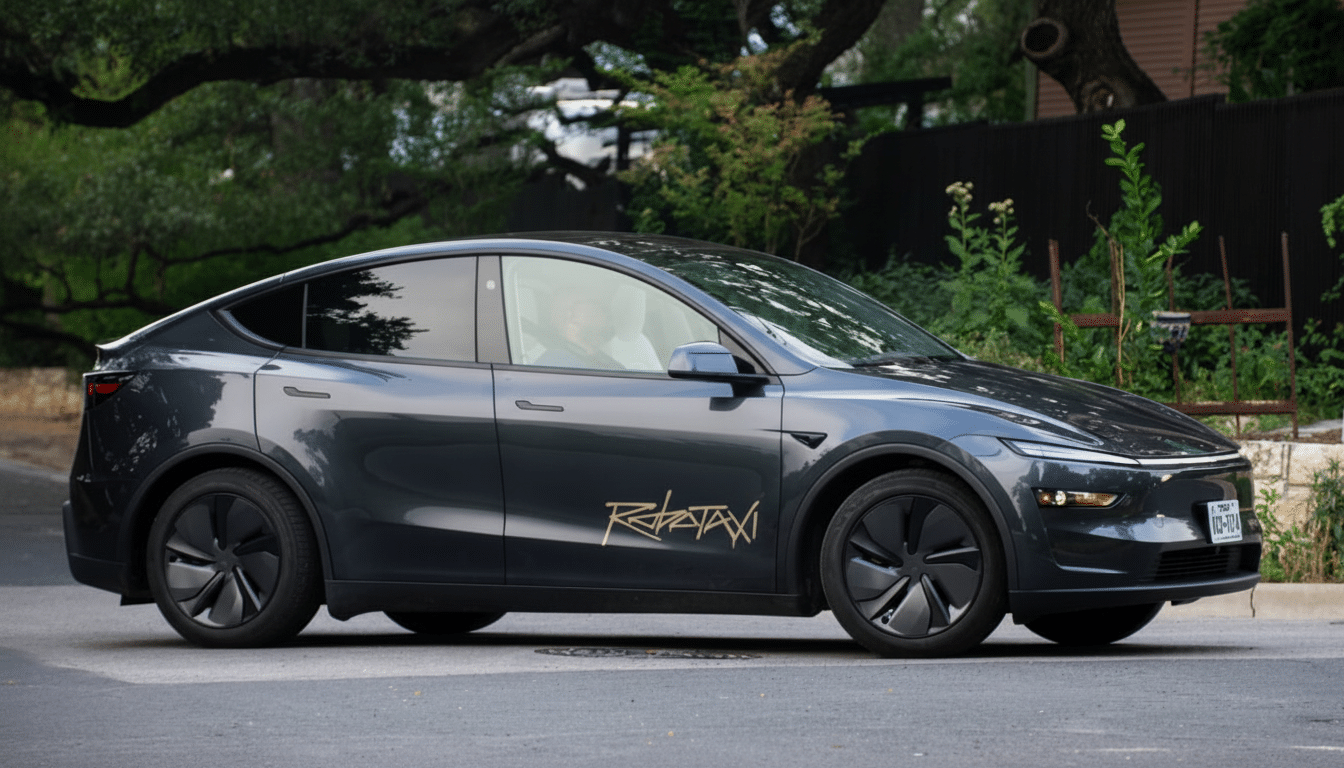 A dark grey electric car with Robotaxi written on its side in gold lettering, parked on a street with trees and foliage in the background.