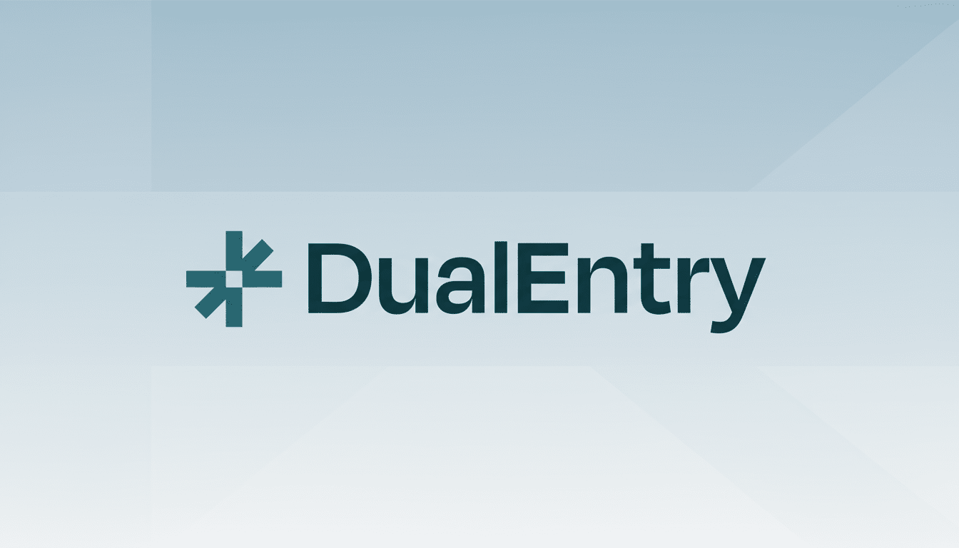 The DualEntry logo, featuring a teal asterisk-like symbol to the left of the word DualEntry in a dark teal sans-serif font, presented on a professional flat design background with soft blue-grey gradients and subtle geometric patterns.