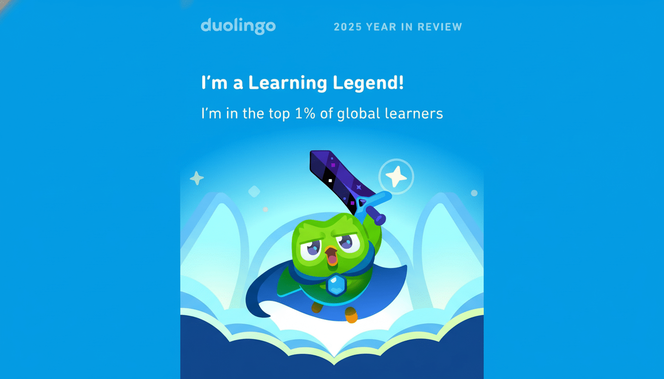 A Duolingo 2025 Year in Review graphic with the text Im a Learning Legend! Im in the top 1% of global learners. The Duolingo owl, Duo, is depicted as a superhero with a cape and sword, set against a blue background with stylized clouds and stars.